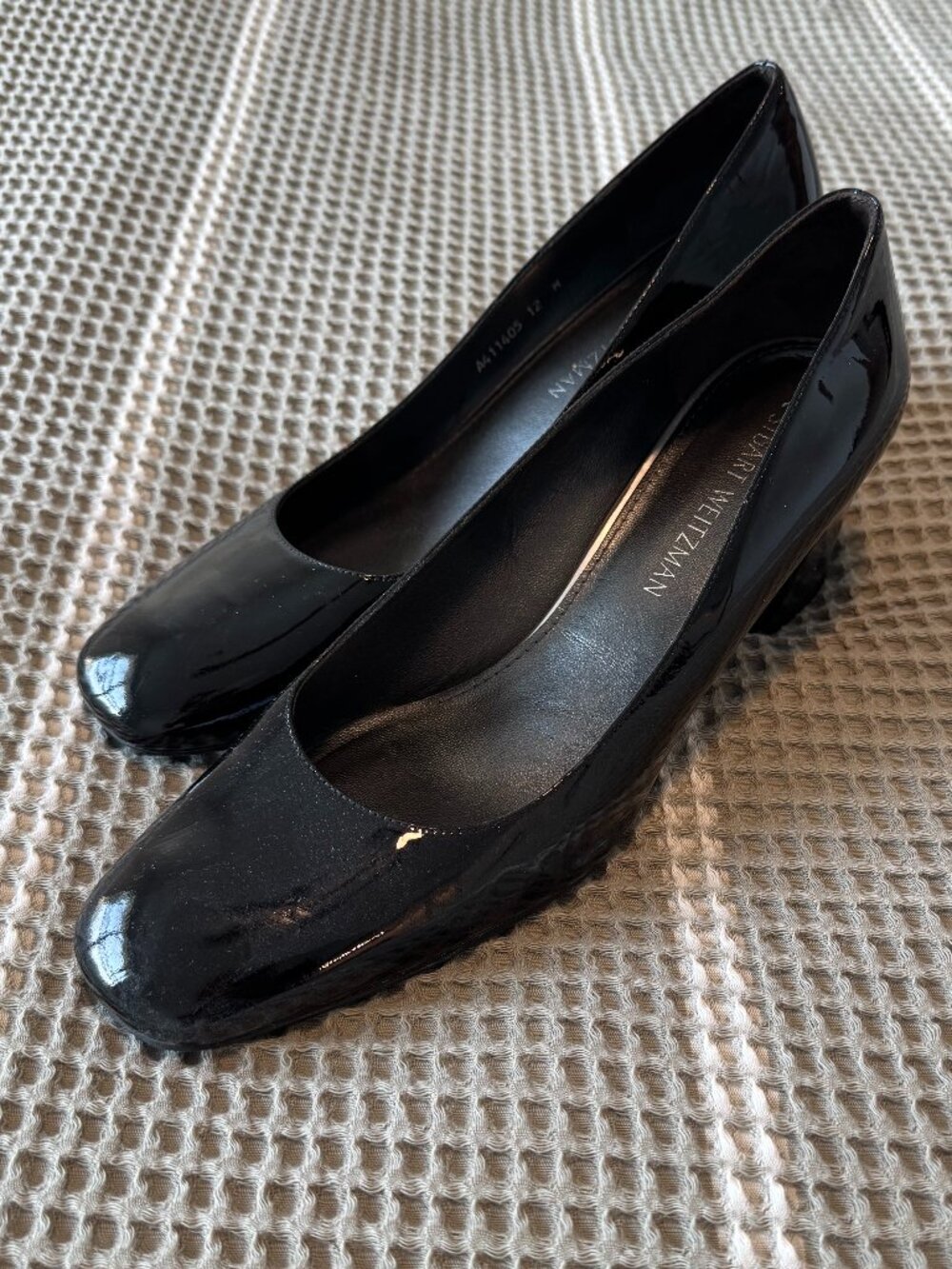 Stuart Weitzman - Patent Black Leather Block Heel Pumps - Size 12M